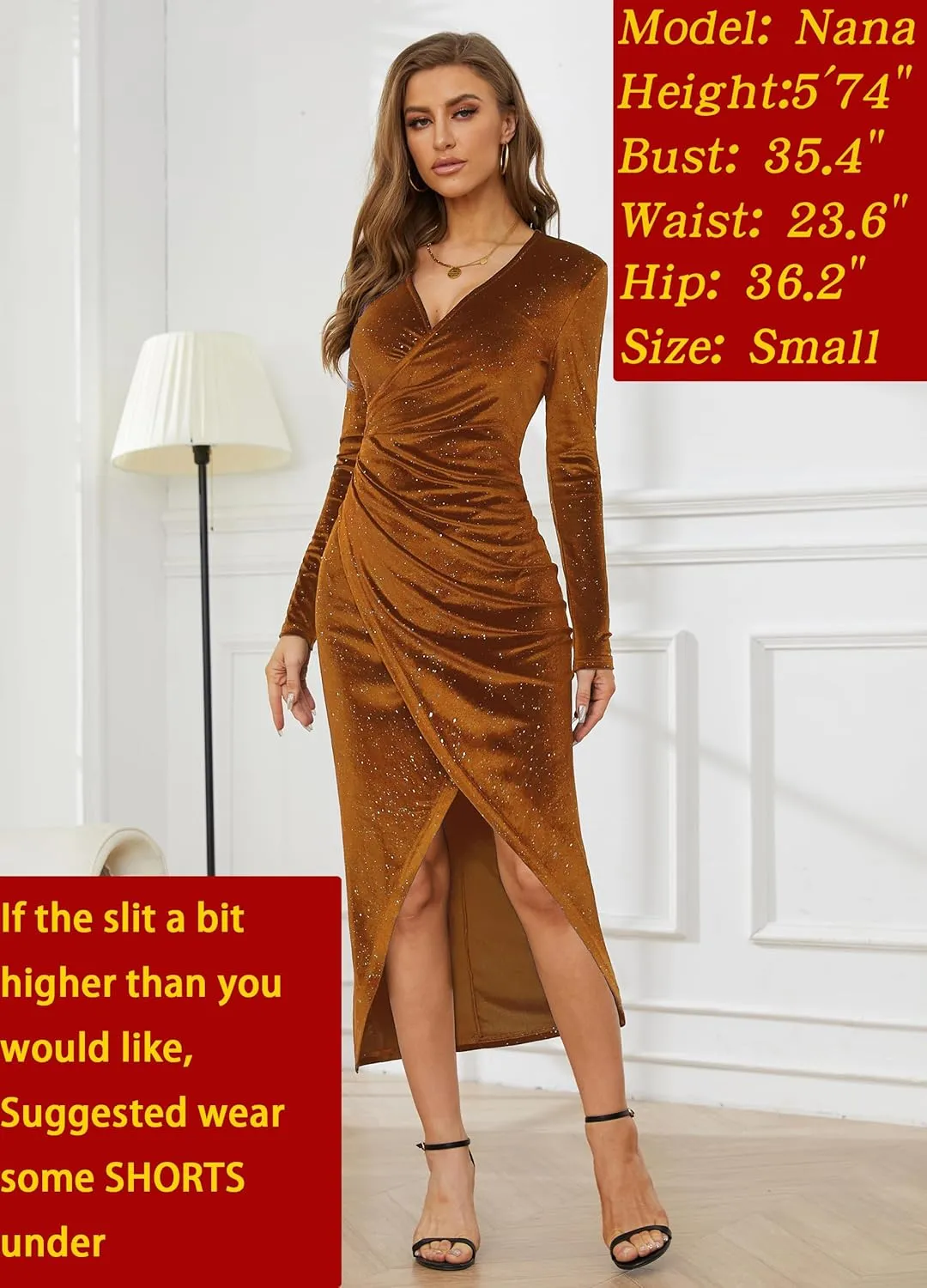 V Neck Long Sleeve Velvet Bodycon Midi Dress Glitter Ruched Formal Cocktail Party Dresses