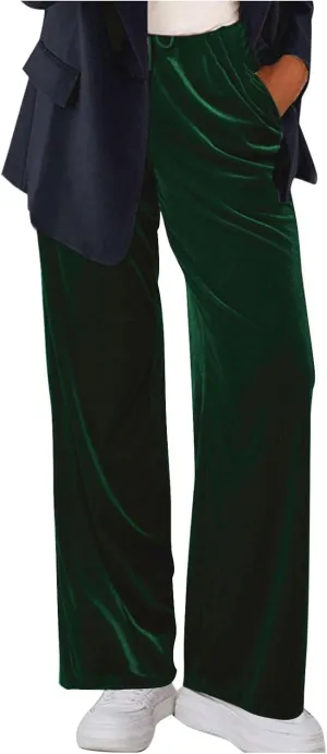 Velvet Pants for Women Baggy Straight Leg Drawstring Elastic Waist Palazzo Pants Casual Elegant Work Pants with Pocket