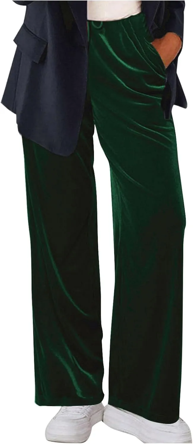 Velvet Pants for Women Baggy Straight Leg Drawstring Elastic Waist Palazzo Pants Casual Elegant Work Pants with Pocket