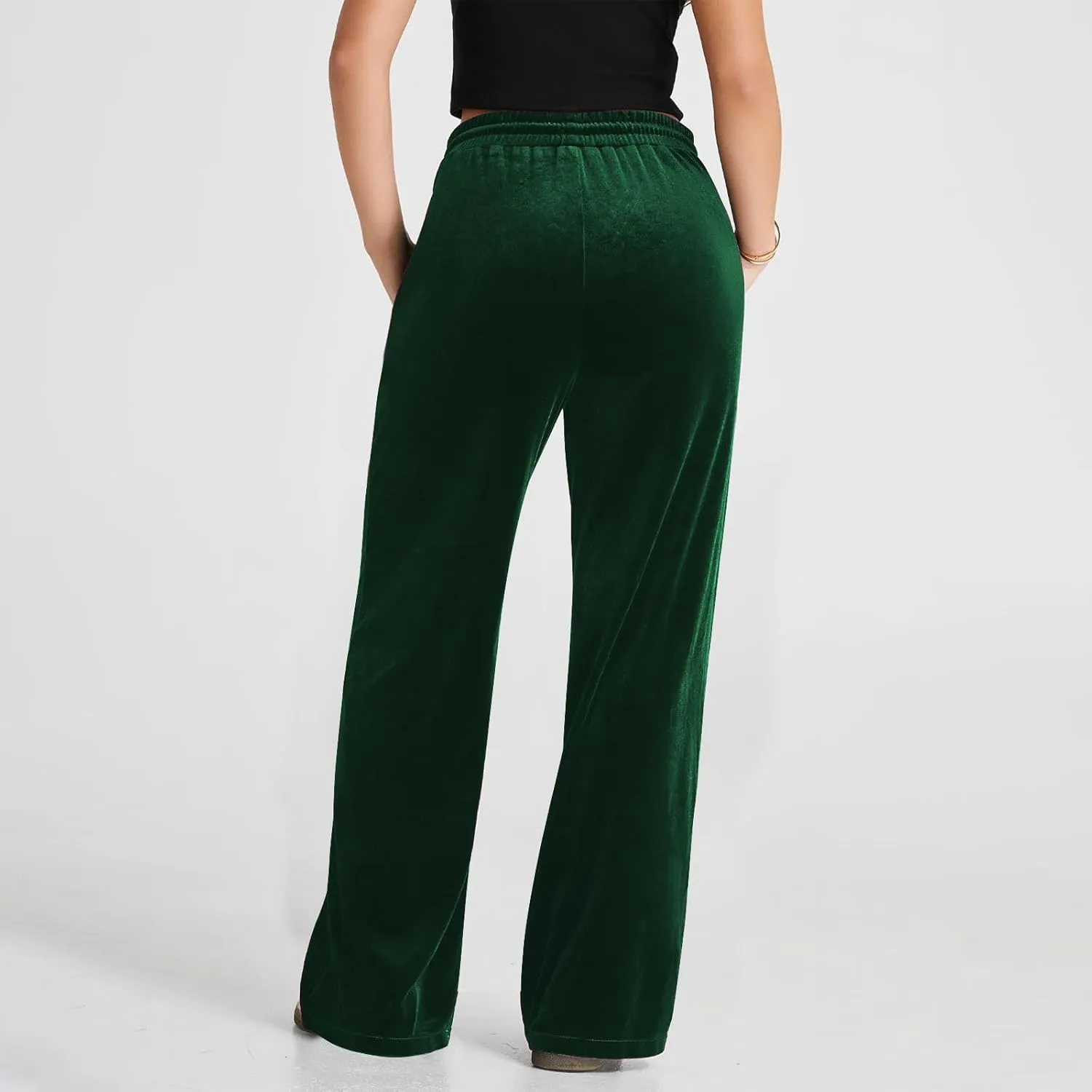 Velvet Pants for Women Baggy Straight Leg Drawstring Elastic Waist Palazzo Pants Casual Elegant Work Pants with Pocket