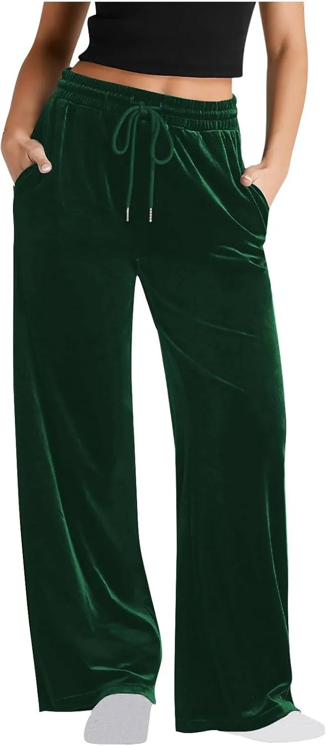 Velvet Pants for Women Baggy Straight Leg Drawstring Elastic Waist Palazzo Pants Casual Elegant Work Pants with Pocket