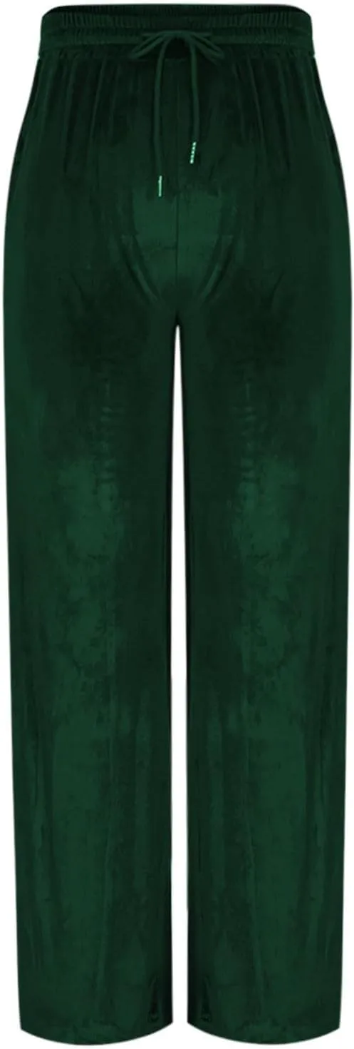 Velvet Pants for Women Baggy Straight Leg Drawstring Elastic Waist Palazzo Pants Casual Elegant Work Pants with Pocket