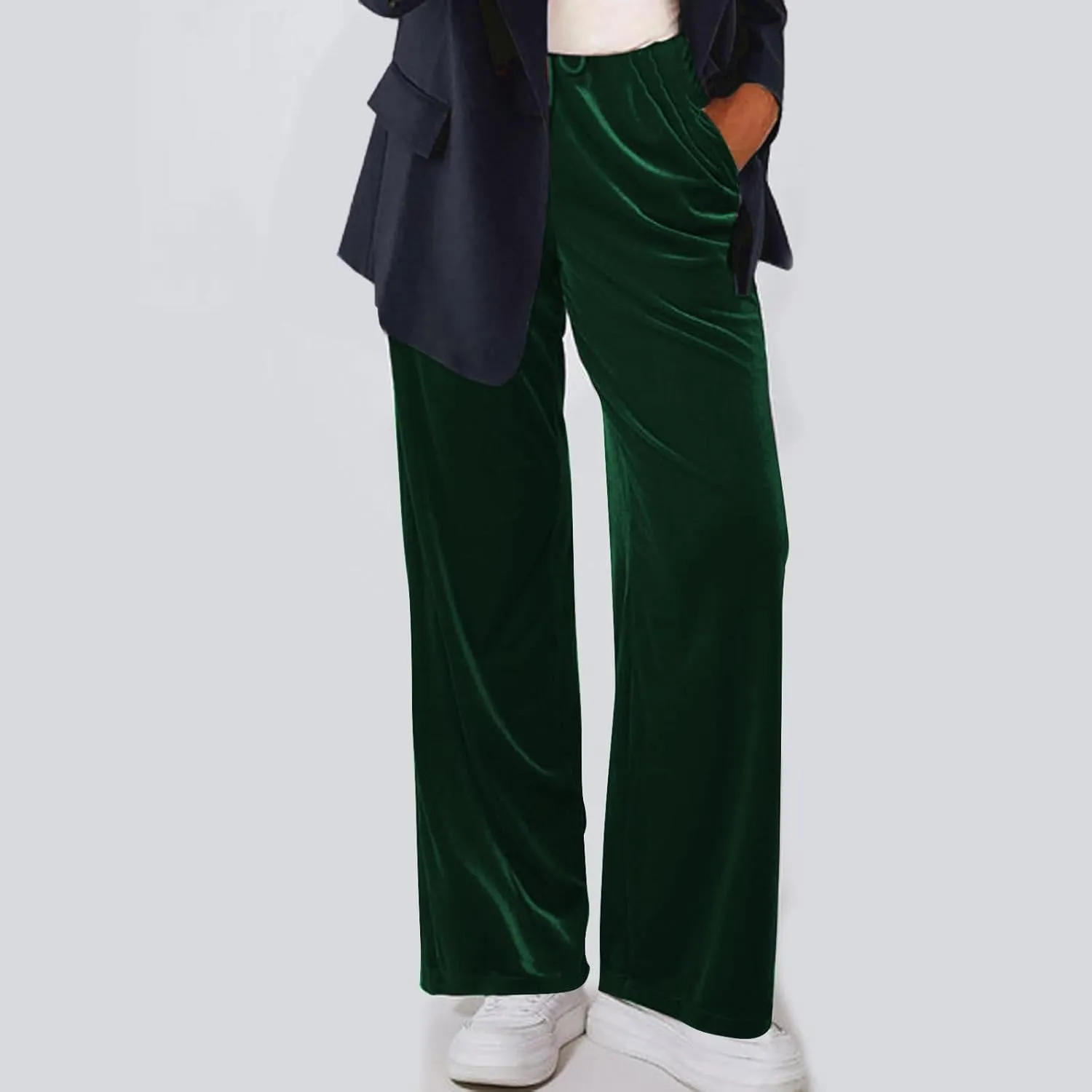 Velvet Pants for Women Baggy Straight Leg Drawstring Elastic Waist Palazzo Pants Casual Elegant Work Pants with Pocket