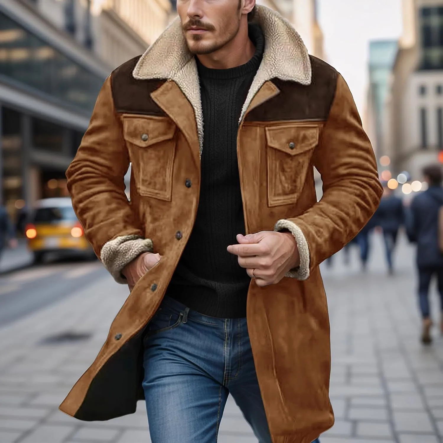 Western Jackets for Men Vintage Suede Pocket Plush Reversed Collar Mens Outdoor Jacket Men's Suede Coat Retro Tops