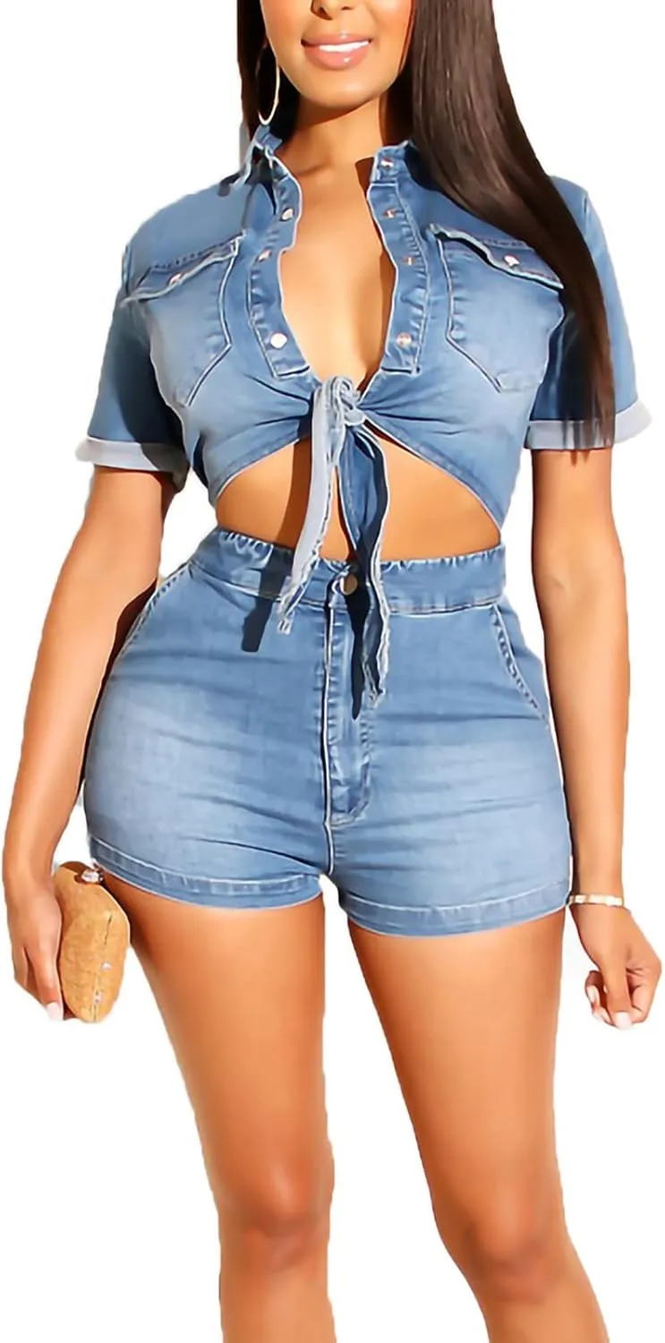 Women 2 Piece Outfits Denim Set Tie Front Cropped Shirt Jacket and High Waisted Jeans Shorts Slim Matching Sets