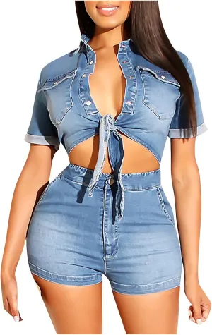 Women 2 Piece Outfits Denim Set Tie Front Cropped Shirt Jacket and High Waisted Jeans Shorts Slim Matching Sets