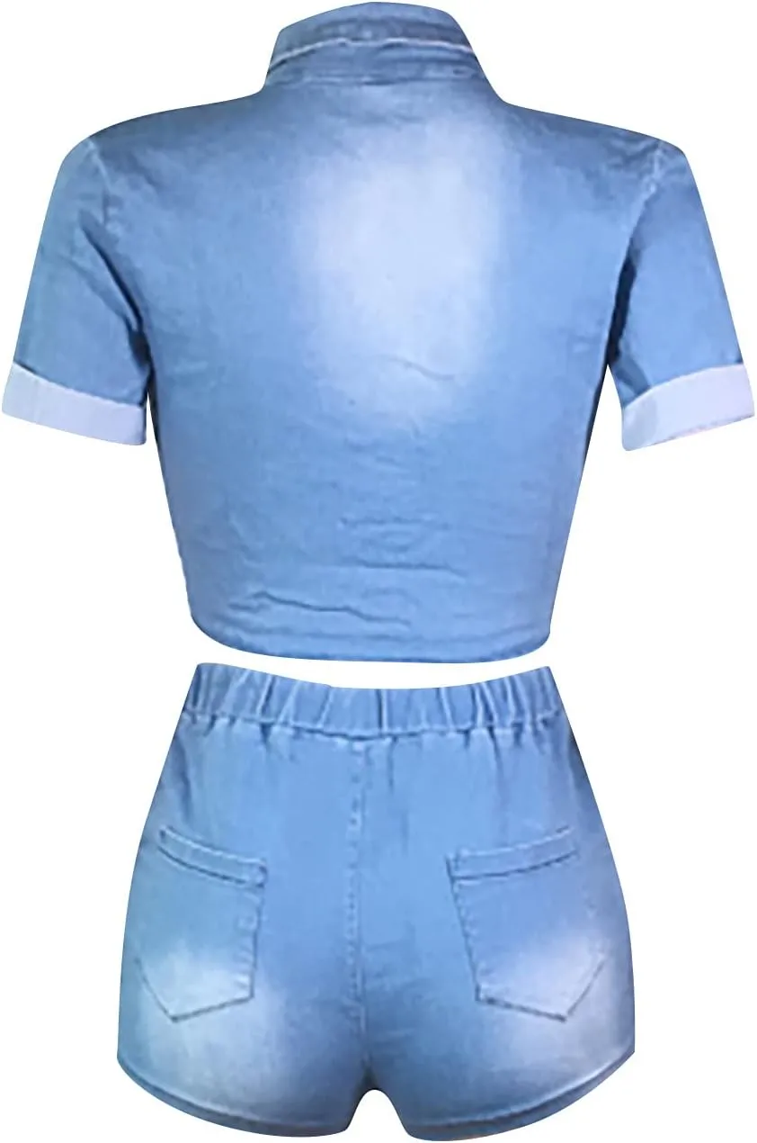 Women 2 Piece Outfits Denim Set Tie Front Cropped Shirt Jacket and High Waisted Jeans Shorts Slim Matching Sets