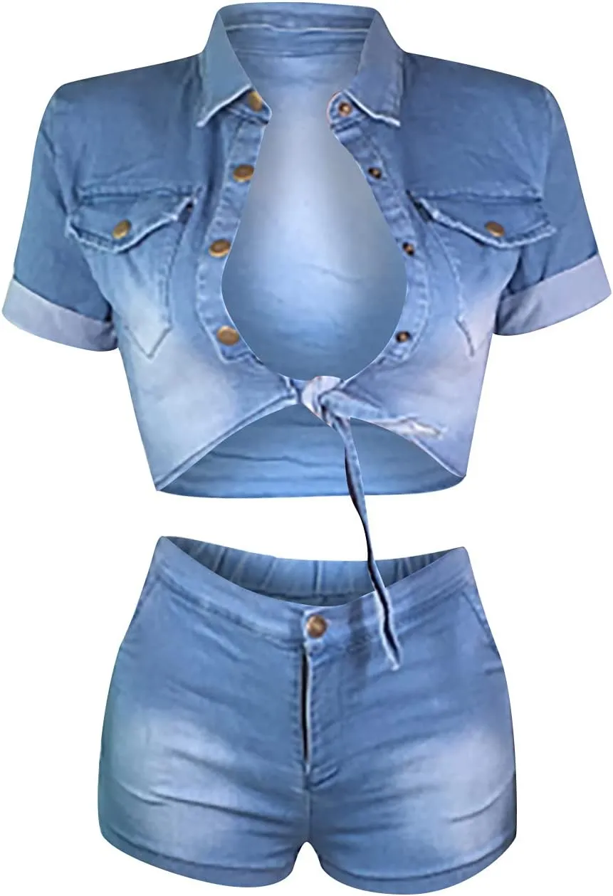 Women 2 Piece Outfits Denim Set Tie Front Cropped Shirt Jacket and High Waisted Jeans Shorts Slim Matching Sets