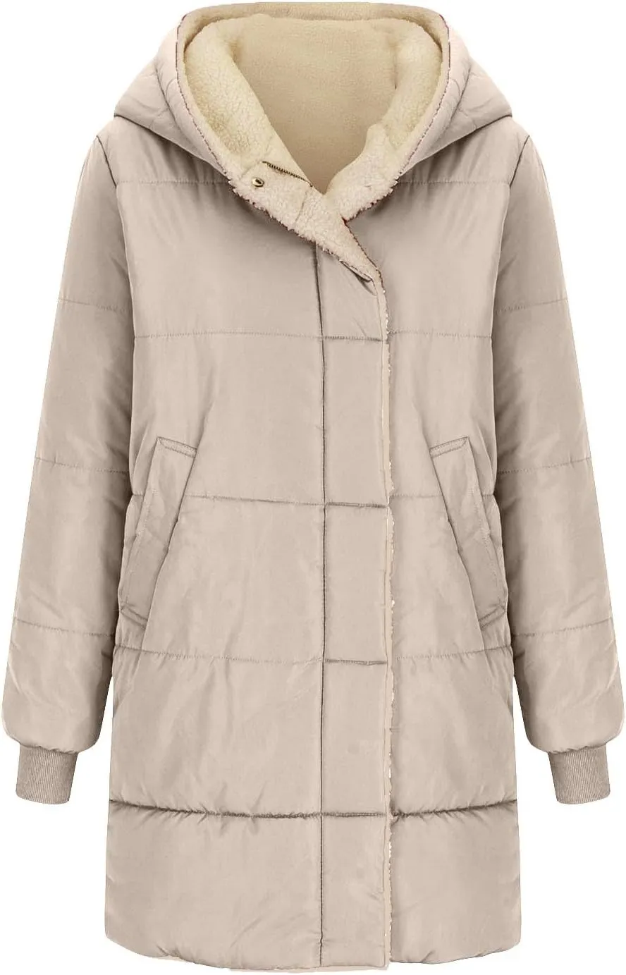 Women 2024 Winter Sherpa Lined Long Hooded Jackets Long Sleeve Button Down Shearling Fluffy Coats Trendy Outerwear