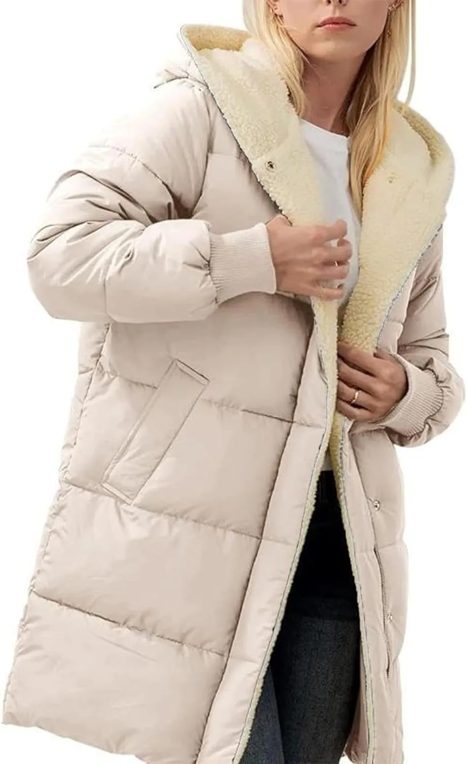 Women 2024 Winter Sherpa Lined Long Hooded Jackets Long Sleeve Button Down Shearling Fluffy Coats Trendy Outerwear