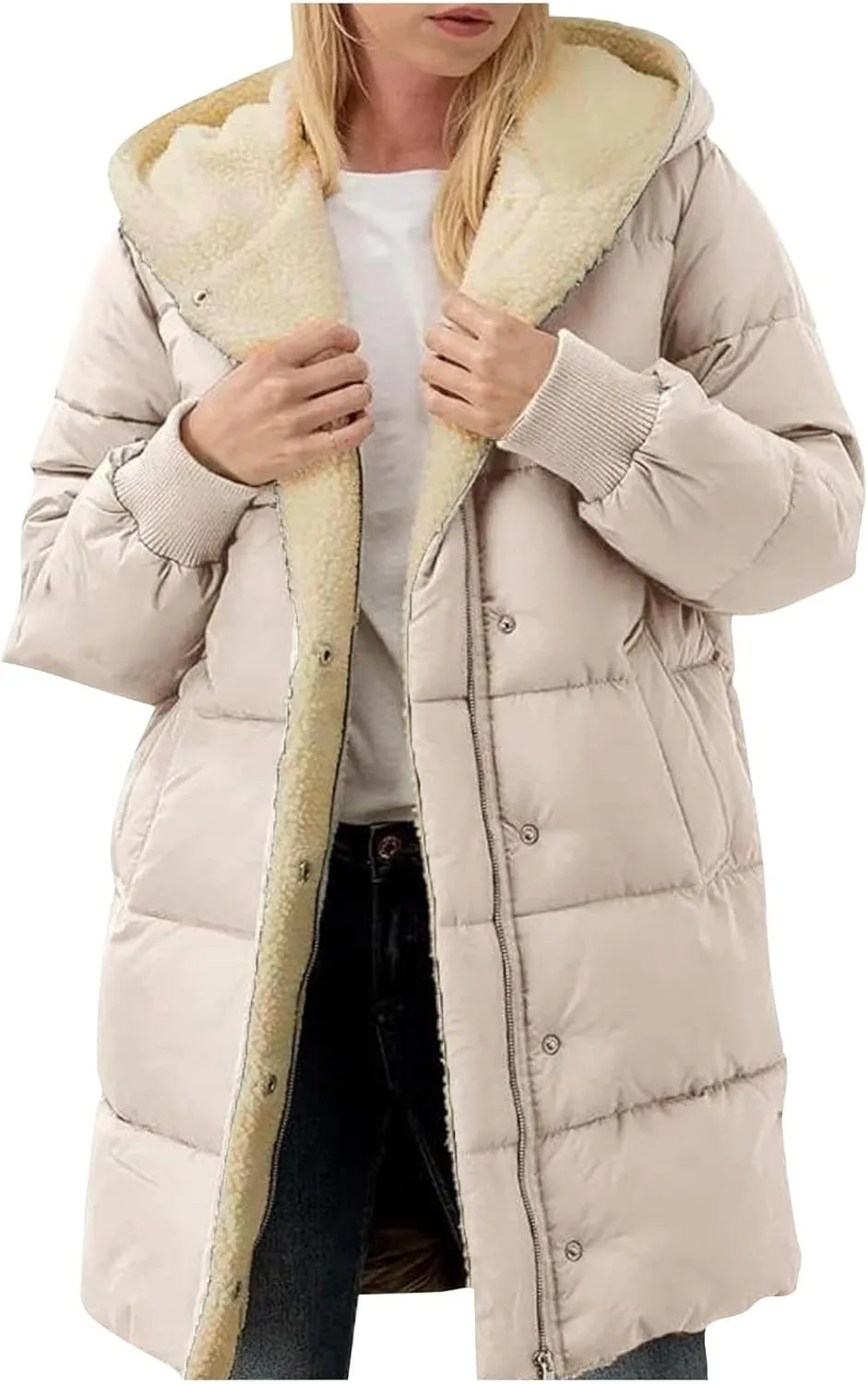 Women 2024 Winter Sherpa Lined Long Hooded Jackets Long Sleeve Button Down Shearling Fluffy Coats Trendy Outerwear