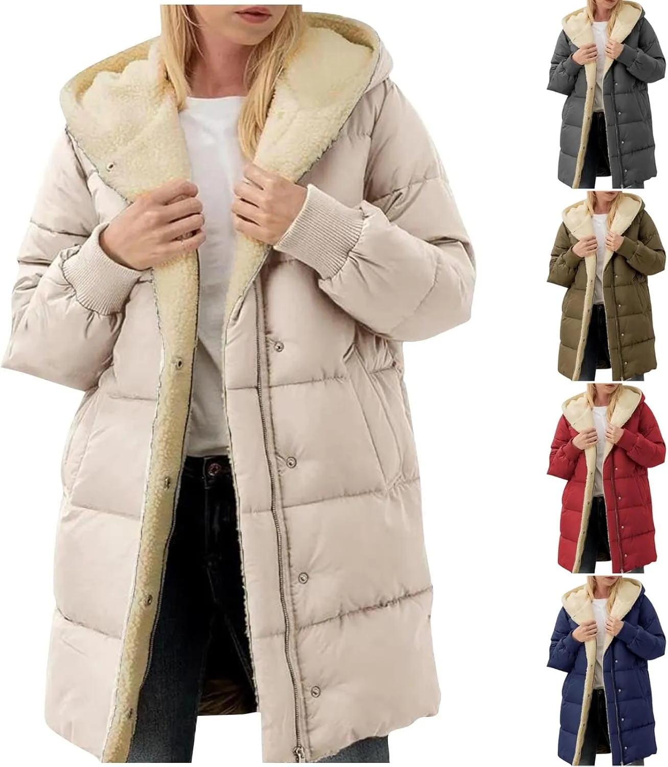 Women 2024 Winter Sherpa Lined Long Hooded Jackets Long Sleeve Button Down Shearling Fluffy Coats Trendy Outerwear