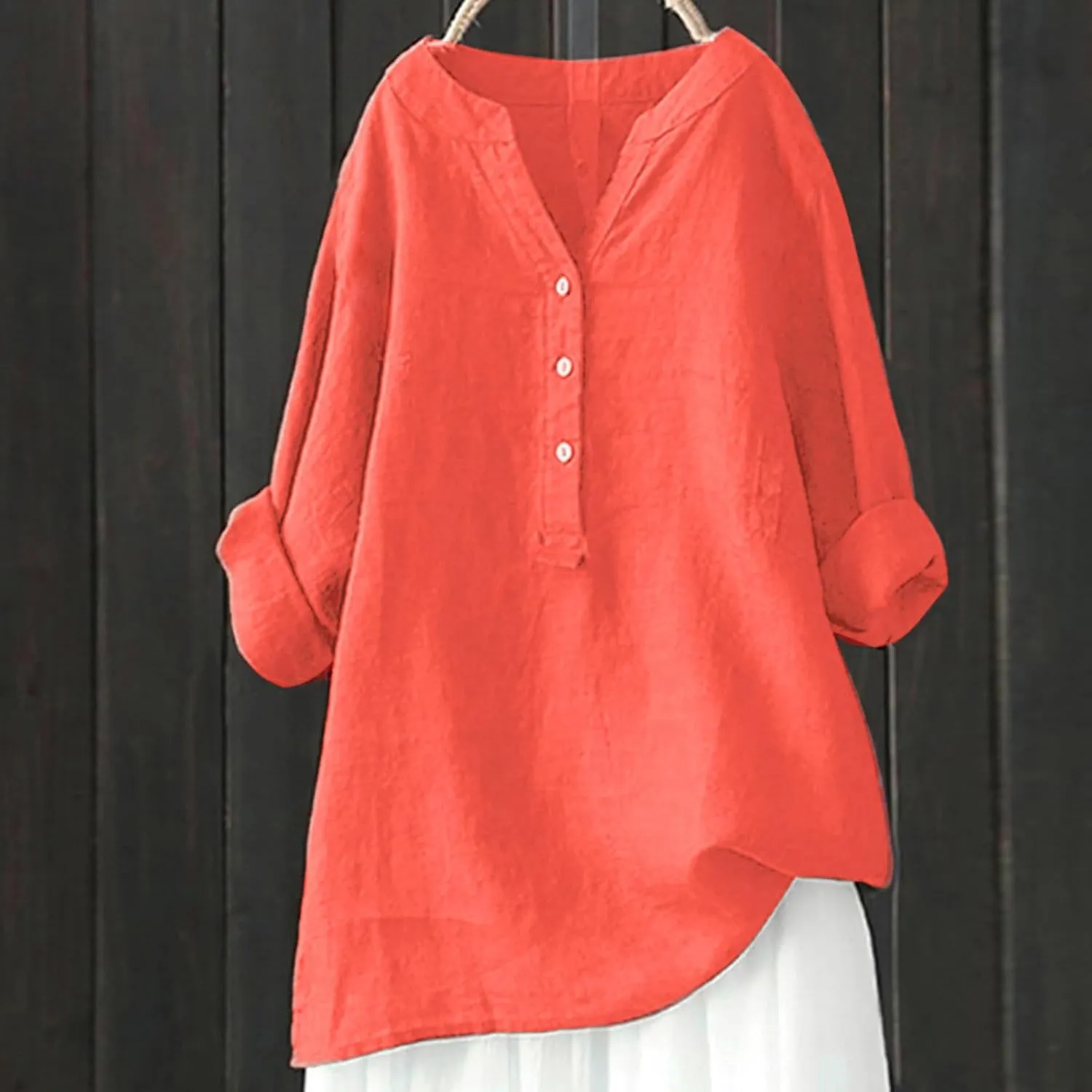 Women Button Down Shirt V-Neck Short Sleeve Linen Summer Casual Henley Blouse Top Loose Fit Tee Tops