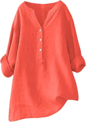 Women Button Down Shirt V-Neck Short Sleeve Linen Summer Casual Henley Blouse Top Loose Fit Tee Tops