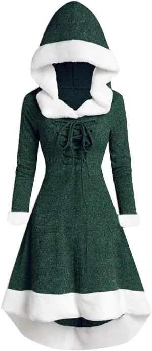 Women Christmas Holiday Party Dresses Oversize Vintage Lace Up Plush Patchwork Hooded Dress Elegant Cocktail Dresses