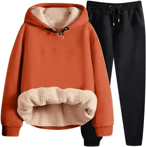 Women Fleece Sweatsuits 2 Piece Outfits Sherpa Fleece Lined Thicken Warm Hoodies and Joggers Pants Tracksuit