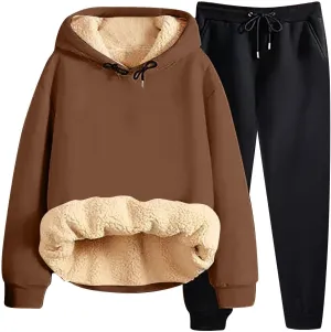 Women Fleece Sweatsuits 2 Piece Outfits Sherpa Fleece Lined Thicken Warm Hoodies and Joggers Pants Tracksuit