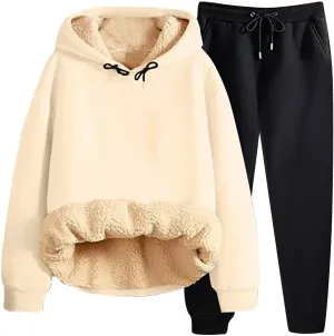 Women Fleece Sweatsuits 2 Piece Outfits Sherpa Fleece Lined Thicken Warm Hoodies and Joggers Pants Tracksuit