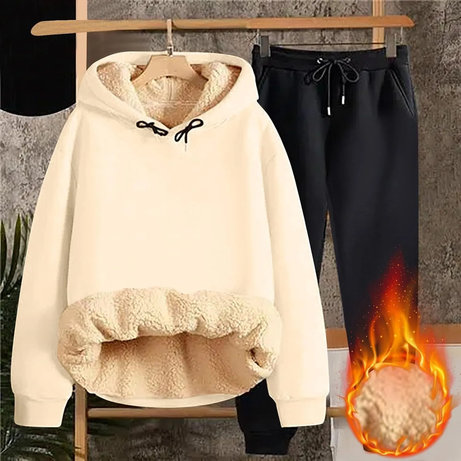 Women Fleece Sweatsuits 2 Piece Outfits Sherpa Fleece Lined Thicken Warm Hoodies and Joggers Pants Tracksuit