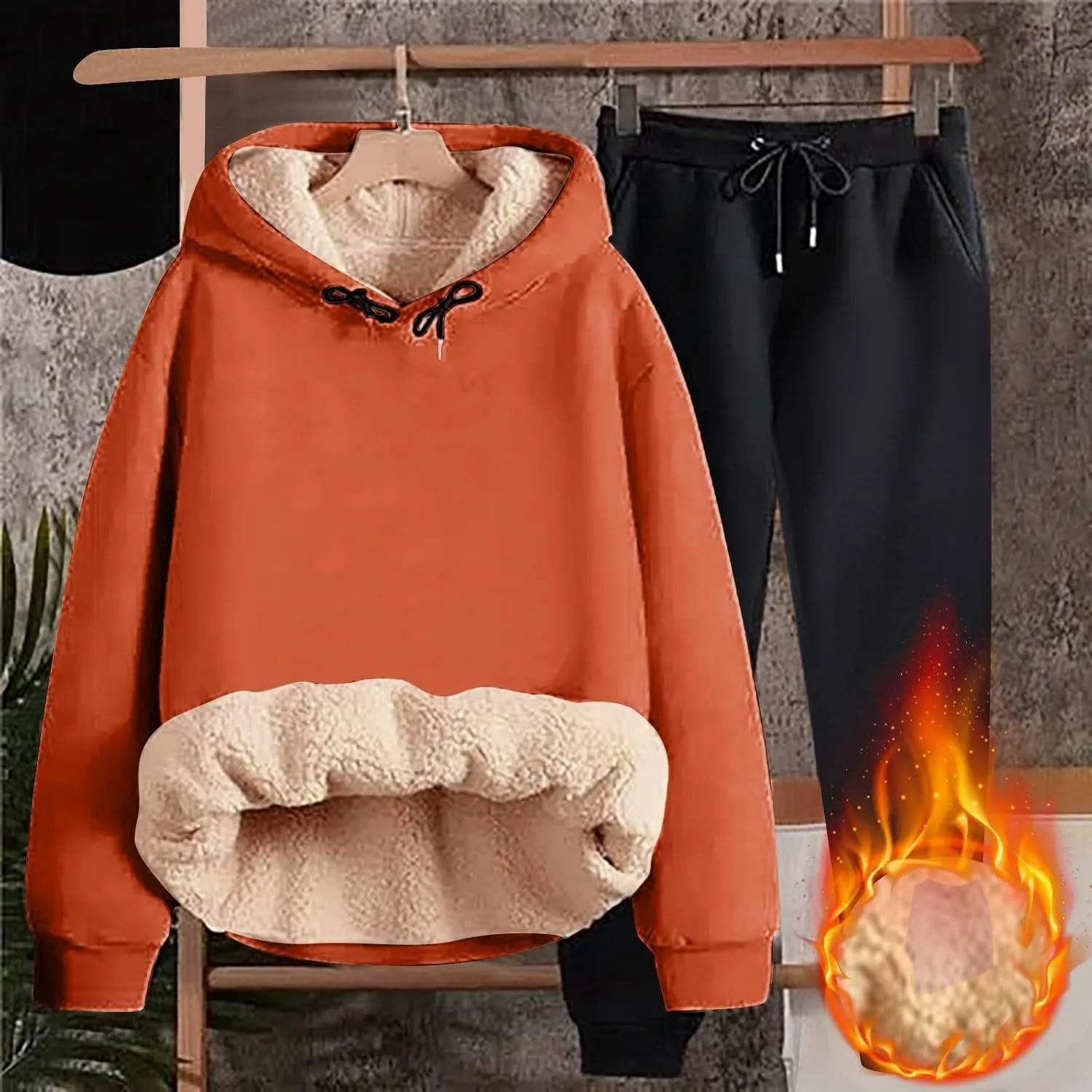Women Fleece Sweatsuits 2 Piece Outfits Sherpa Fleece Lined Thicken Warm Hoodies and Joggers Pants Tracksuit