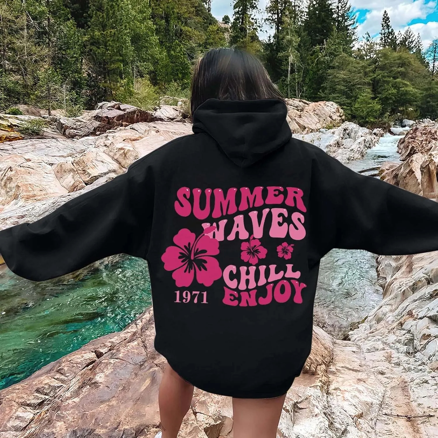 Women Graphic Summer Waves Chill Enjoy Letter Hoodie Oversized Drawstring Sweatshirt with Kangaroo Pocket