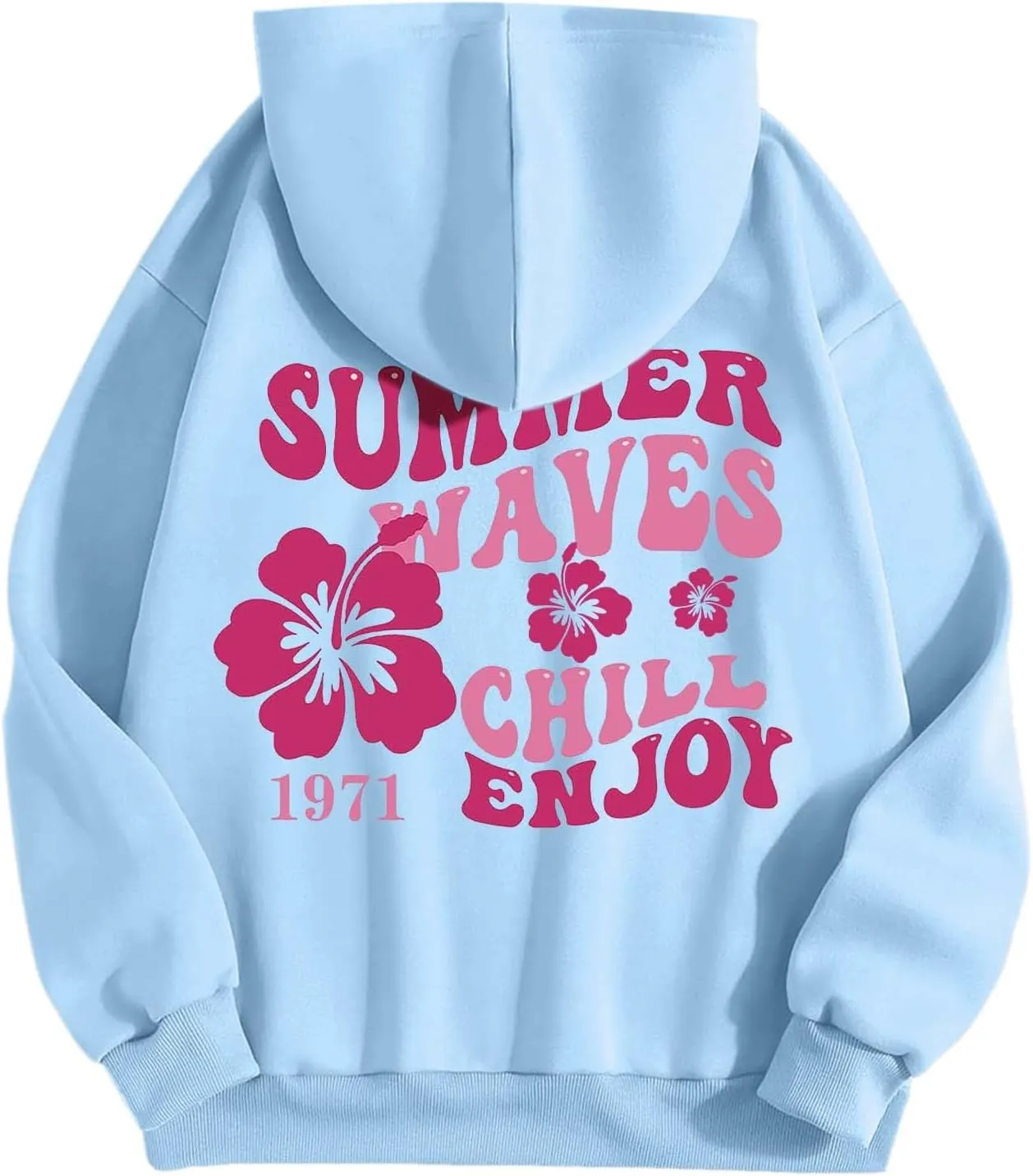 Women Graphic Summer Waves Chill Enjoy Letter Hoodie Oversized Drawstring Sweatshirt with Kangaroo Pocket