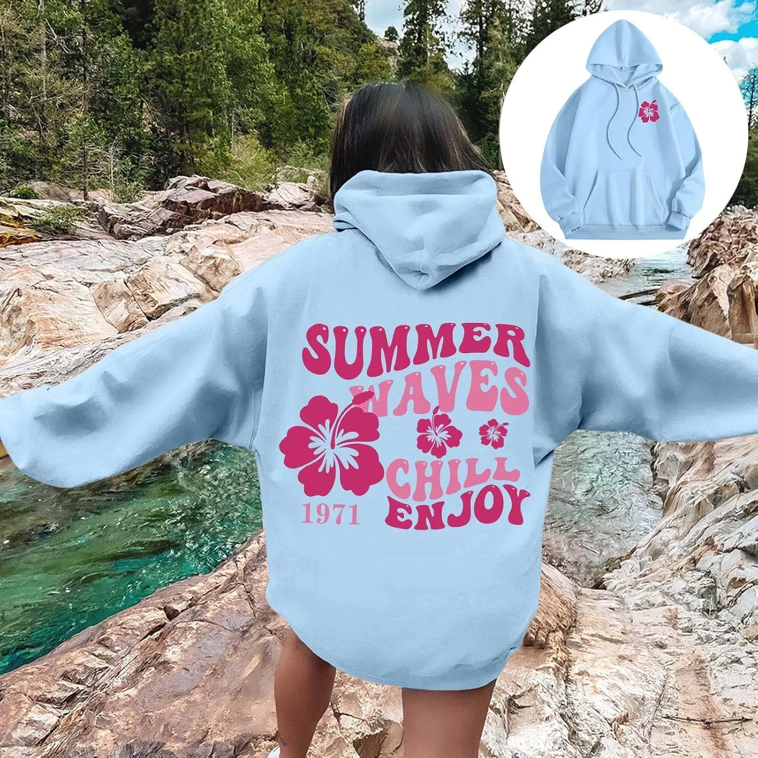 Women Graphic Summer Waves Chill Enjoy Letter Hoodie Oversized Drawstring Sweatshirt with Kangaroo Pocket