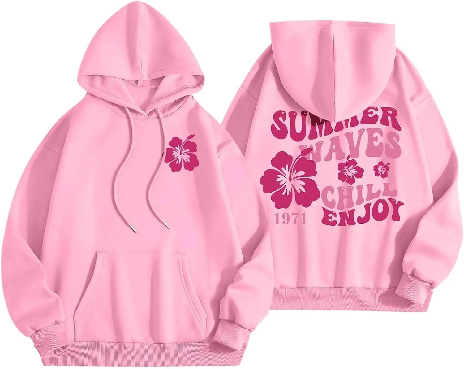 Women Graphic Summer Waves Chill Enjoy Letter Hoodie Oversized Drawstring Sweatshirt with Kangaroo Pocket