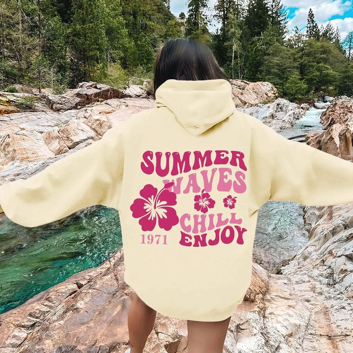 Women Graphic Summer Waves Chill Enjoy Letter Hoodie Oversized Drawstring Sweatshirt with Kangaroo Pocket