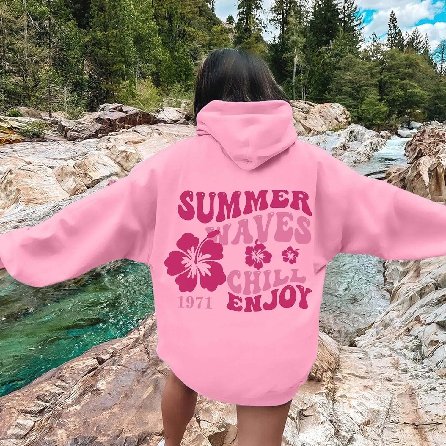 Women Graphic Summer Waves Chill Enjoy Letter Hoodie Oversized Drawstring Sweatshirt with Kangaroo Pocket