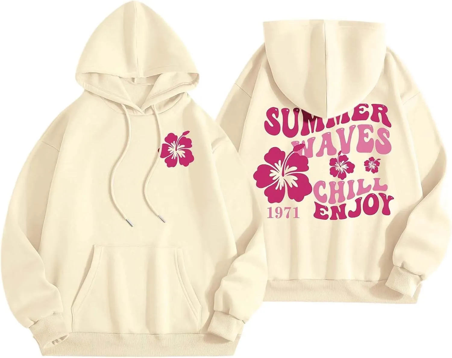 Women Graphic Summer Waves Chill Enjoy Letter Hoodie Oversized Drawstring Sweatshirt with Kangaroo Pocket