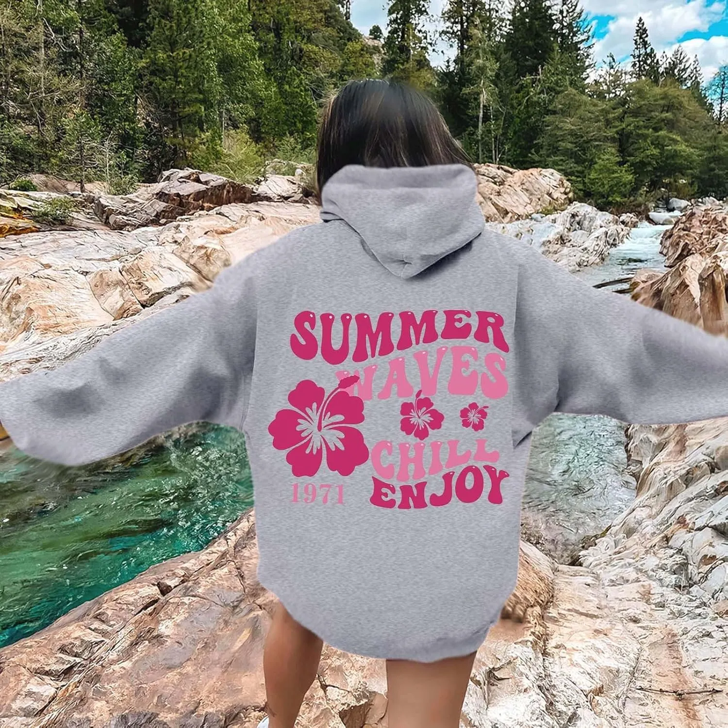 Women Graphic Summer Waves Chill Enjoy Letter Hoodie Oversized Drawstring Sweatshirt with Kangaroo Pocket