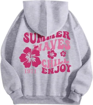 Women Graphic Summer Waves Chill Enjoy Letter Hoodie Oversized Drawstring Sweatshirt with Kangaroo Pocket