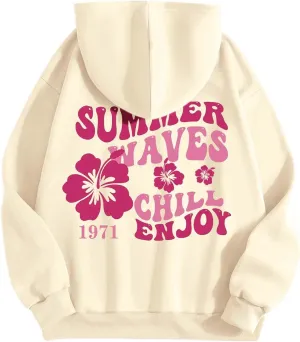 Women Graphic Summer Waves Chill Enjoy Letter Hoodie Oversized Drawstring Sweatshirt with Kangaroo Pocket