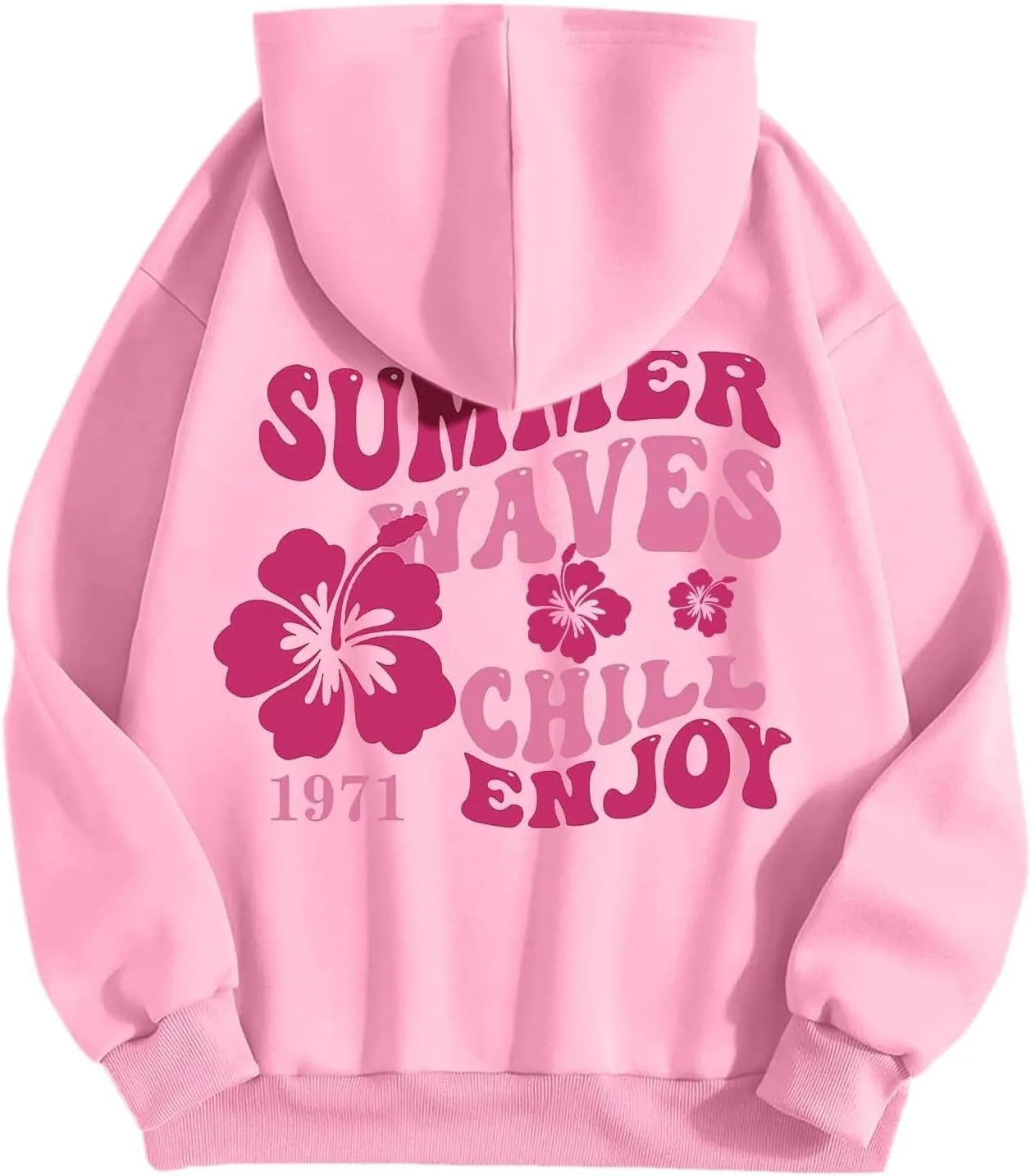 Women Graphic Summer Waves Chill Enjoy Letter Hoodie Oversized Drawstring Sweatshirt with Kangaroo Pocket