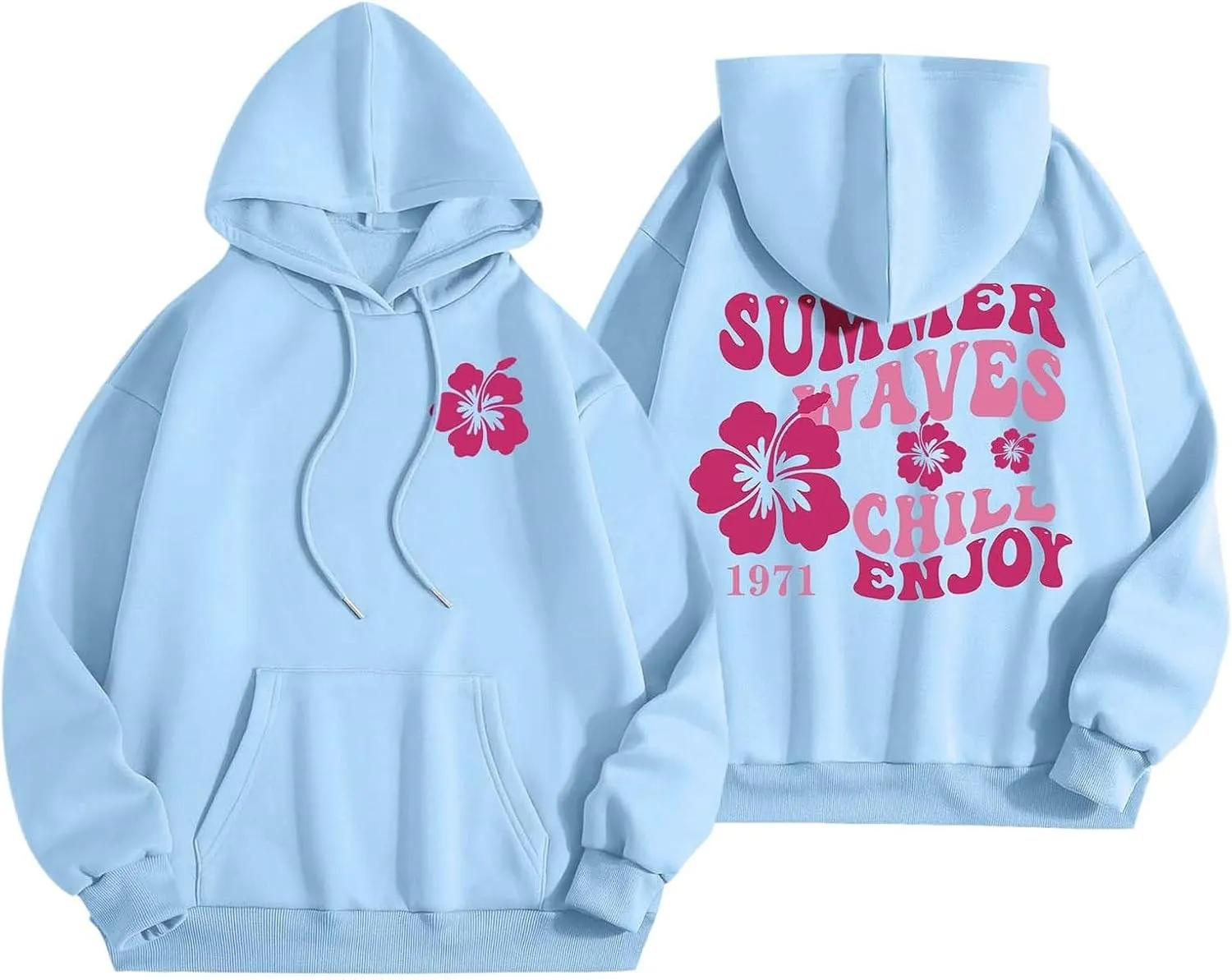Women Graphic Summer Waves Chill Enjoy Letter Hoodie Oversized Drawstring Sweatshirt with Kangaroo Pocket