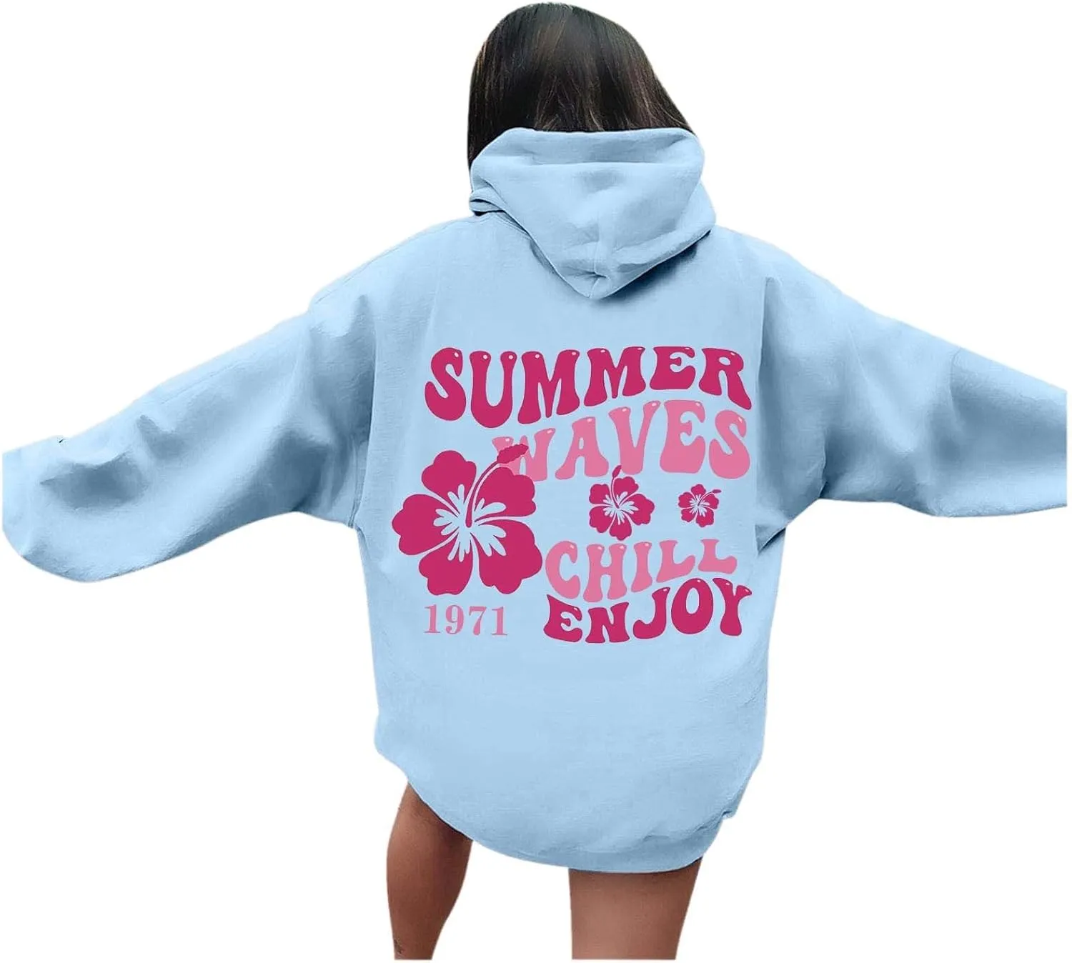 Women Graphic Summer Waves Chill Enjoy Letter Hoodie Oversized Drawstring Sweatshirt with Kangaroo Pocket
