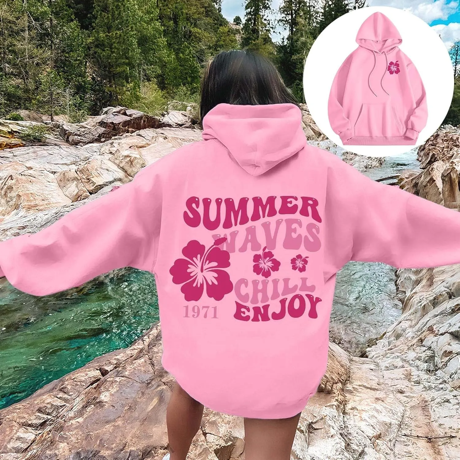 Women Graphic Summer Waves Chill Enjoy Letter Hoodie Oversized Drawstring Sweatshirt with Kangaroo Pocket