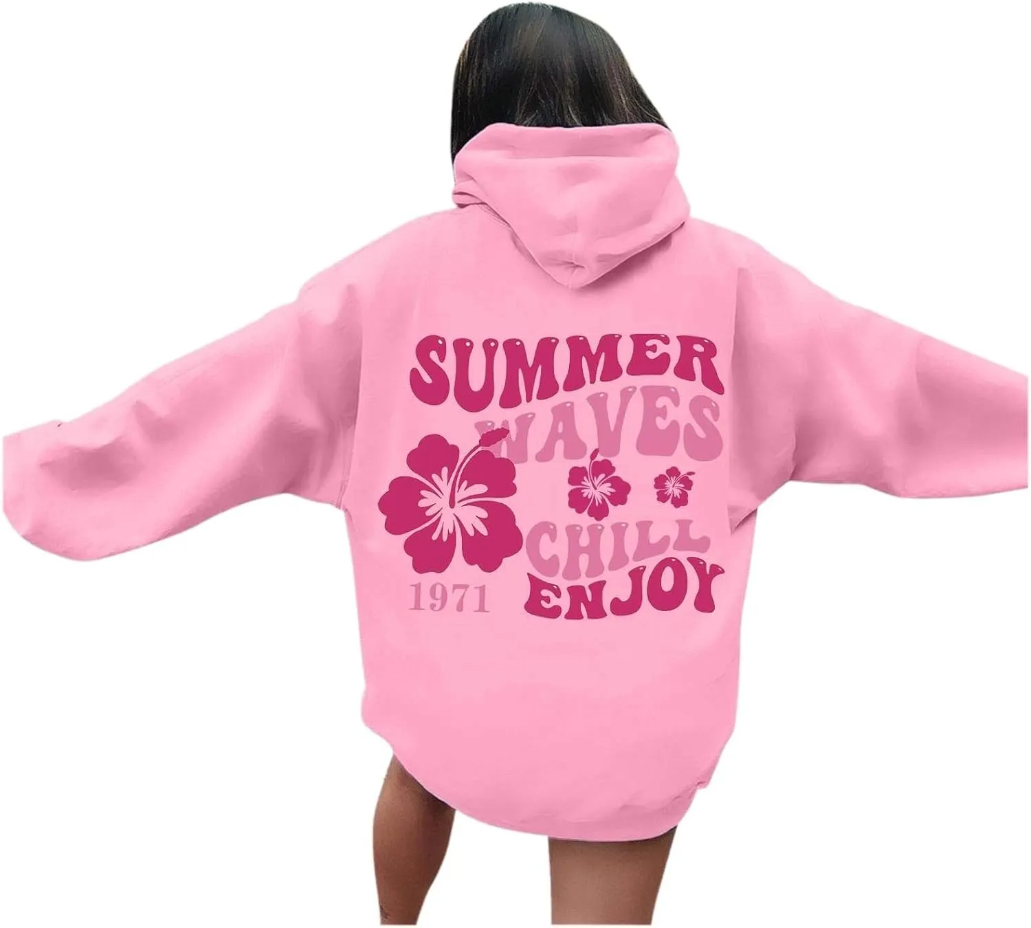 Women Graphic Summer Waves Chill Enjoy Letter Hoodie Oversized Drawstring Sweatshirt with Kangaroo Pocket