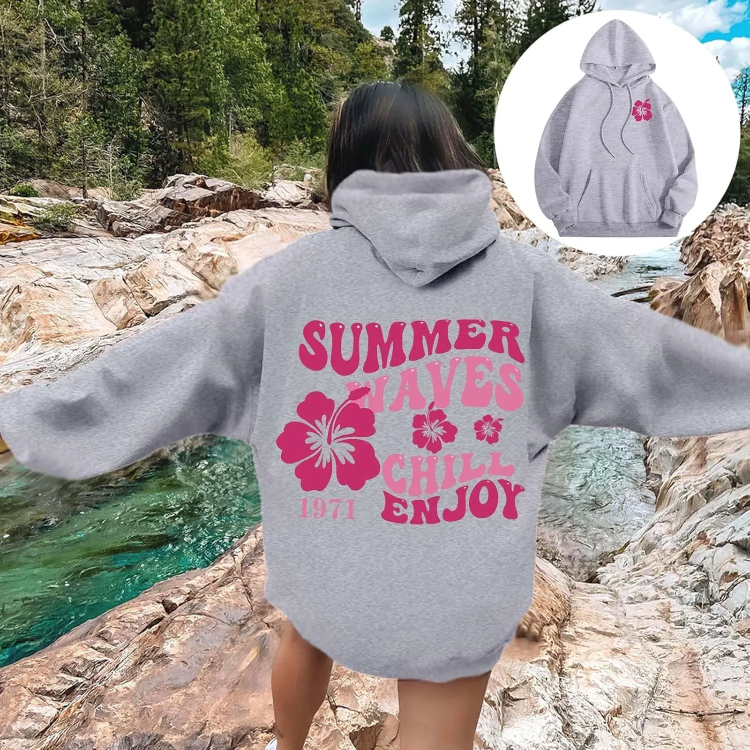 Women Graphic Summer Waves Chill Enjoy Letter Hoodie Oversized Drawstring Sweatshirt with Kangaroo Pocket