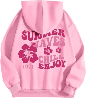 Women Graphic Summer Waves Chill Enjoy Letter Hoodie Oversized Drawstring Sweatshirt with Kangaroo Pocket