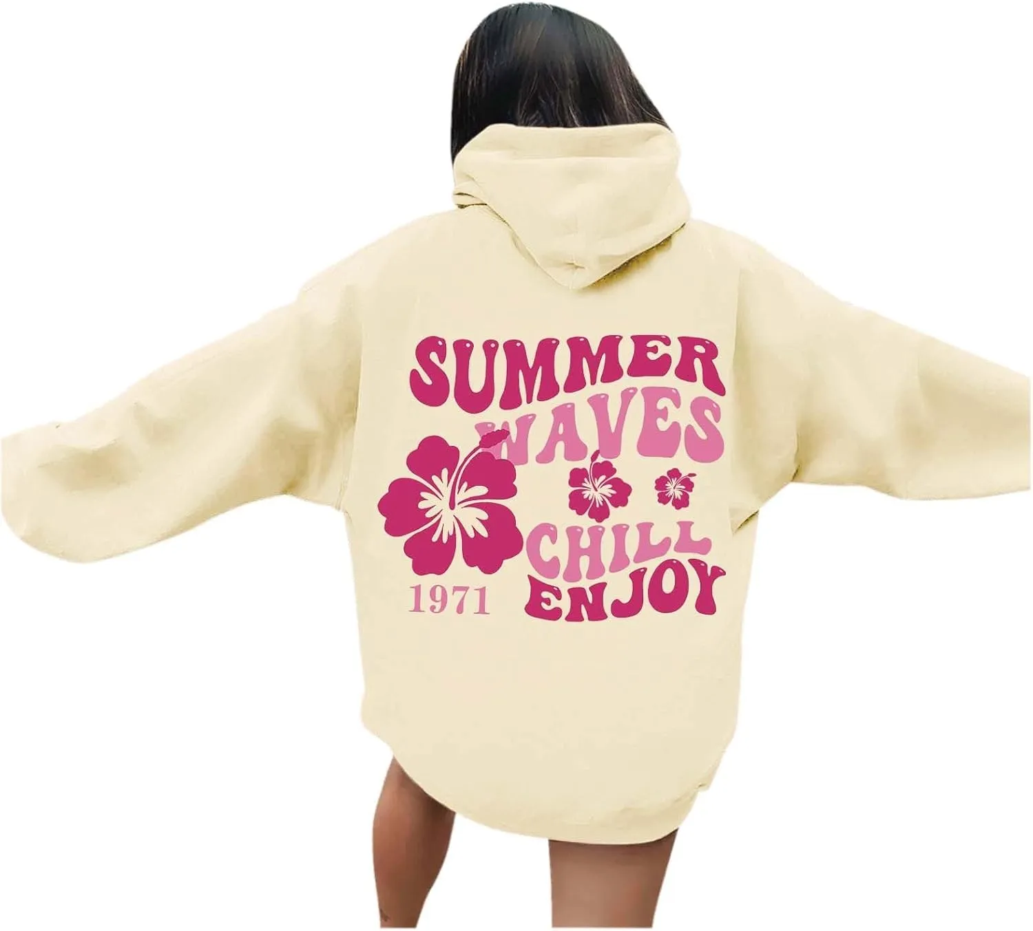 Women Graphic Summer Waves Chill Enjoy Letter Hoodie Oversized Drawstring Sweatshirt with Kangaroo Pocket