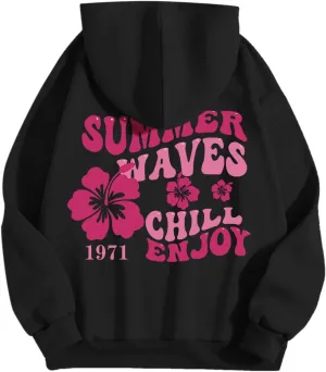 Women Graphic Summer Waves Chill Enjoy Letter Hoodie Oversized Drawstring Sweatshirt with Kangaroo Pocket