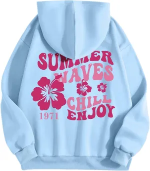 Women Graphic Summer Waves Chill Enjoy Letter Hoodie Oversized Drawstring Sweatshirt with Kangaroo Pocket