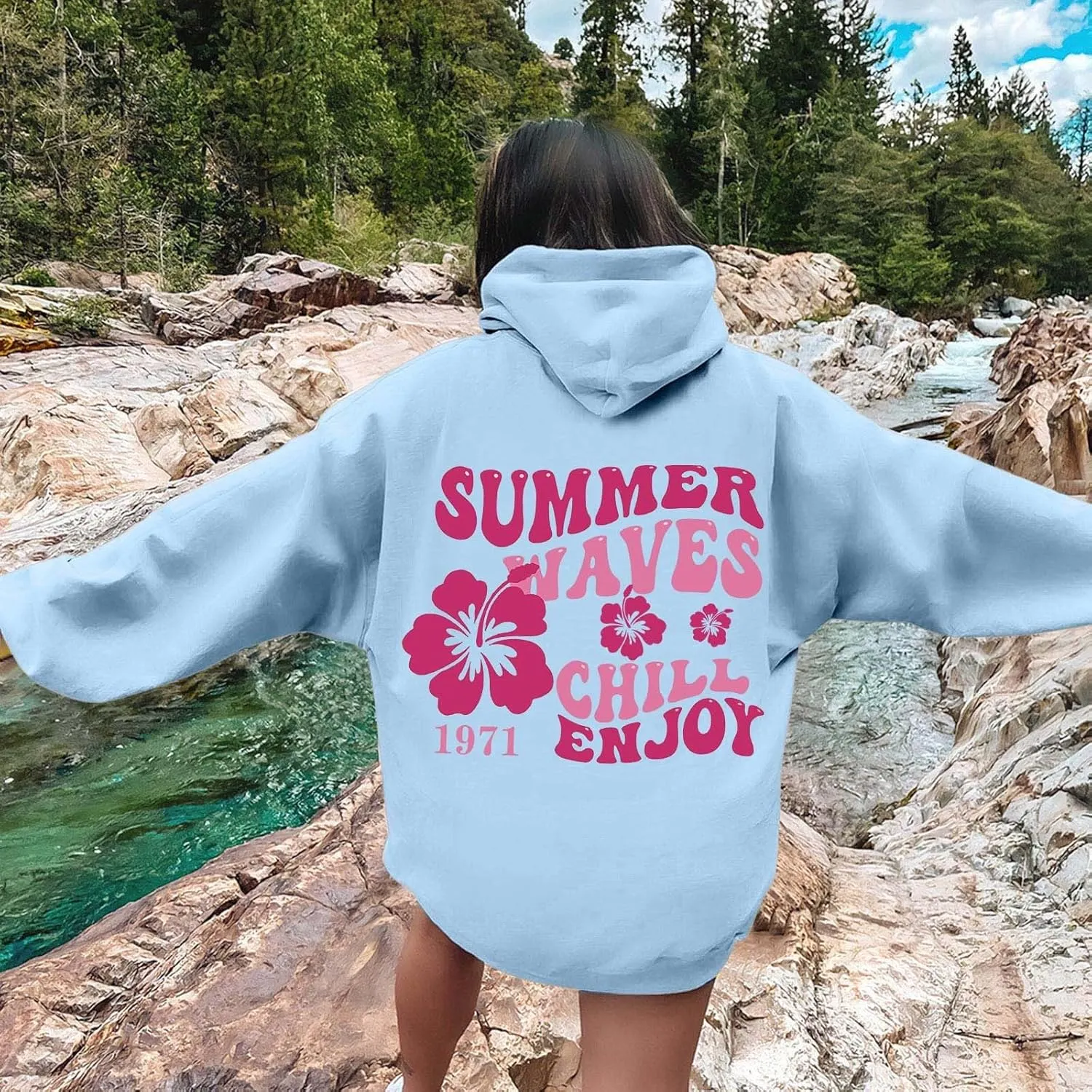 Women Graphic Summer Waves Chill Enjoy Letter Hoodie Oversized Drawstring Sweatshirt with Kangaroo Pocket