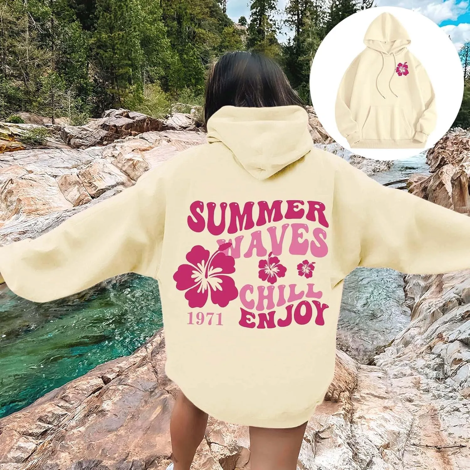 Women Graphic Summer Waves Chill Enjoy Letter Hoodie Oversized Drawstring Sweatshirt with Kangaroo Pocket