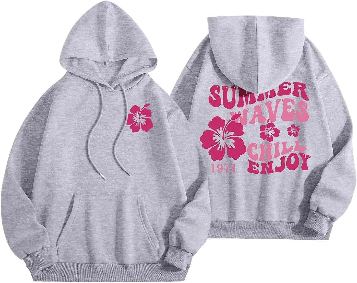 Women Graphic Summer Waves Chill Enjoy Letter Hoodie Oversized Drawstring Sweatshirt with Kangaroo Pocket