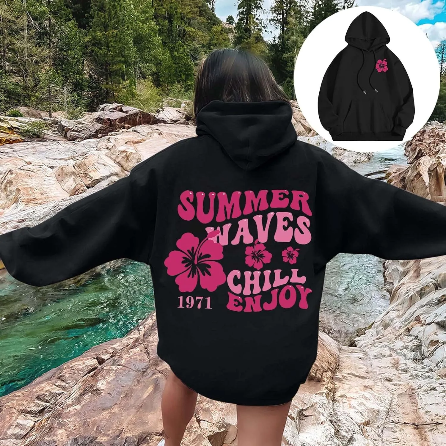 Women Graphic Summer Waves Chill Enjoy Letter Hoodie Oversized Drawstring Sweatshirt with Kangaroo Pocket