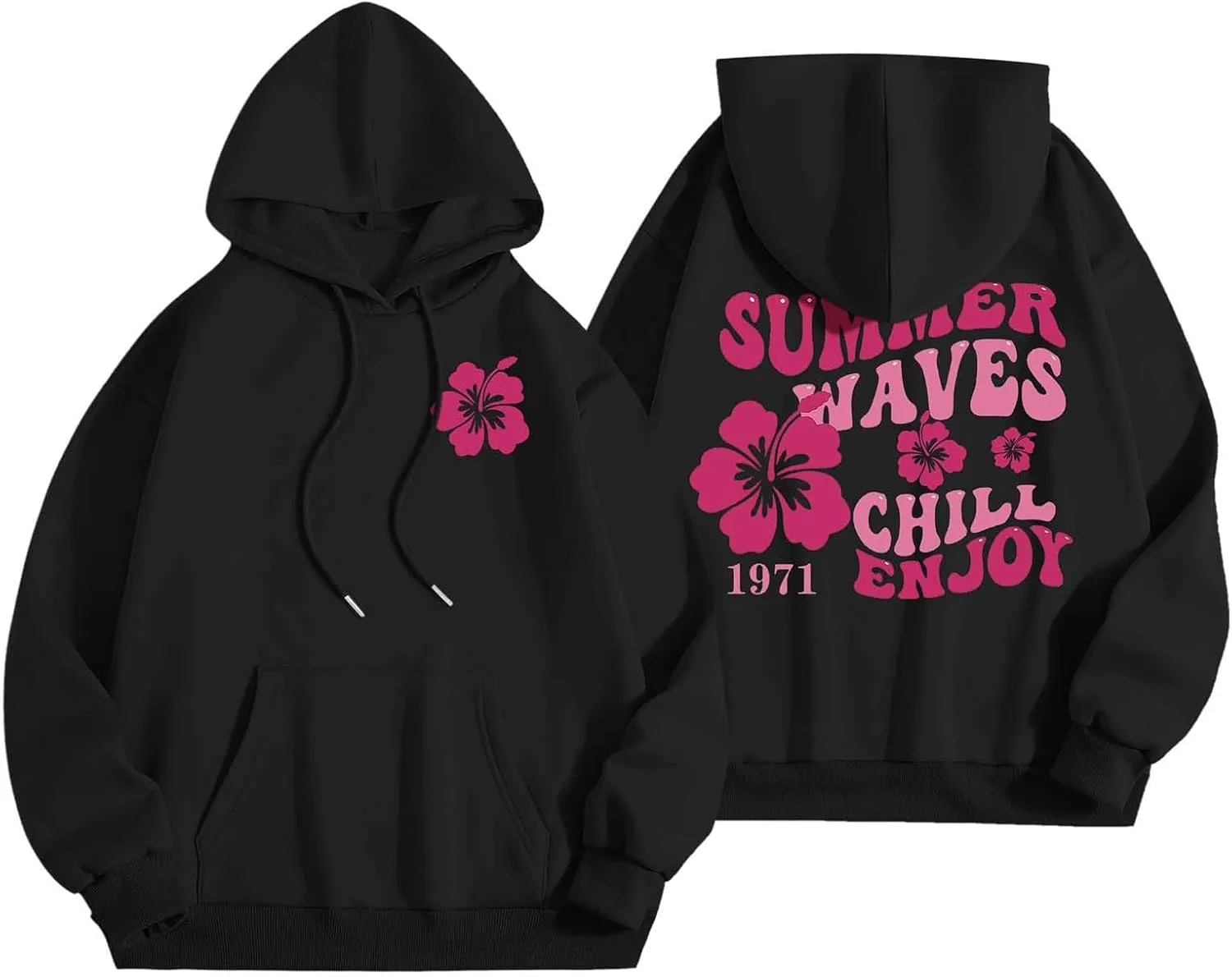Women Graphic Summer Waves Chill Enjoy Letter Hoodie Oversized Drawstring Sweatshirt with Kangaroo Pocket