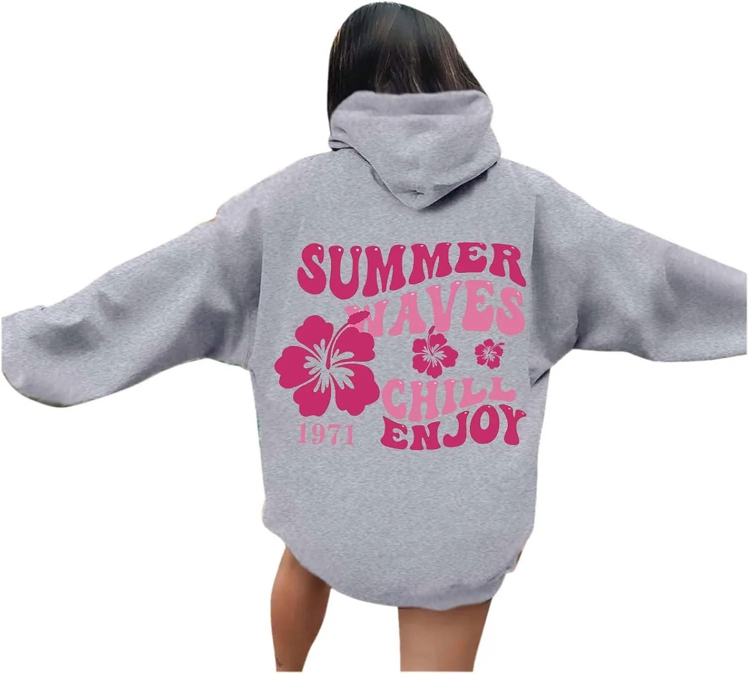 Women Graphic Summer Waves Chill Enjoy Letter Hoodie Oversized Drawstring Sweatshirt with Kangaroo Pocket